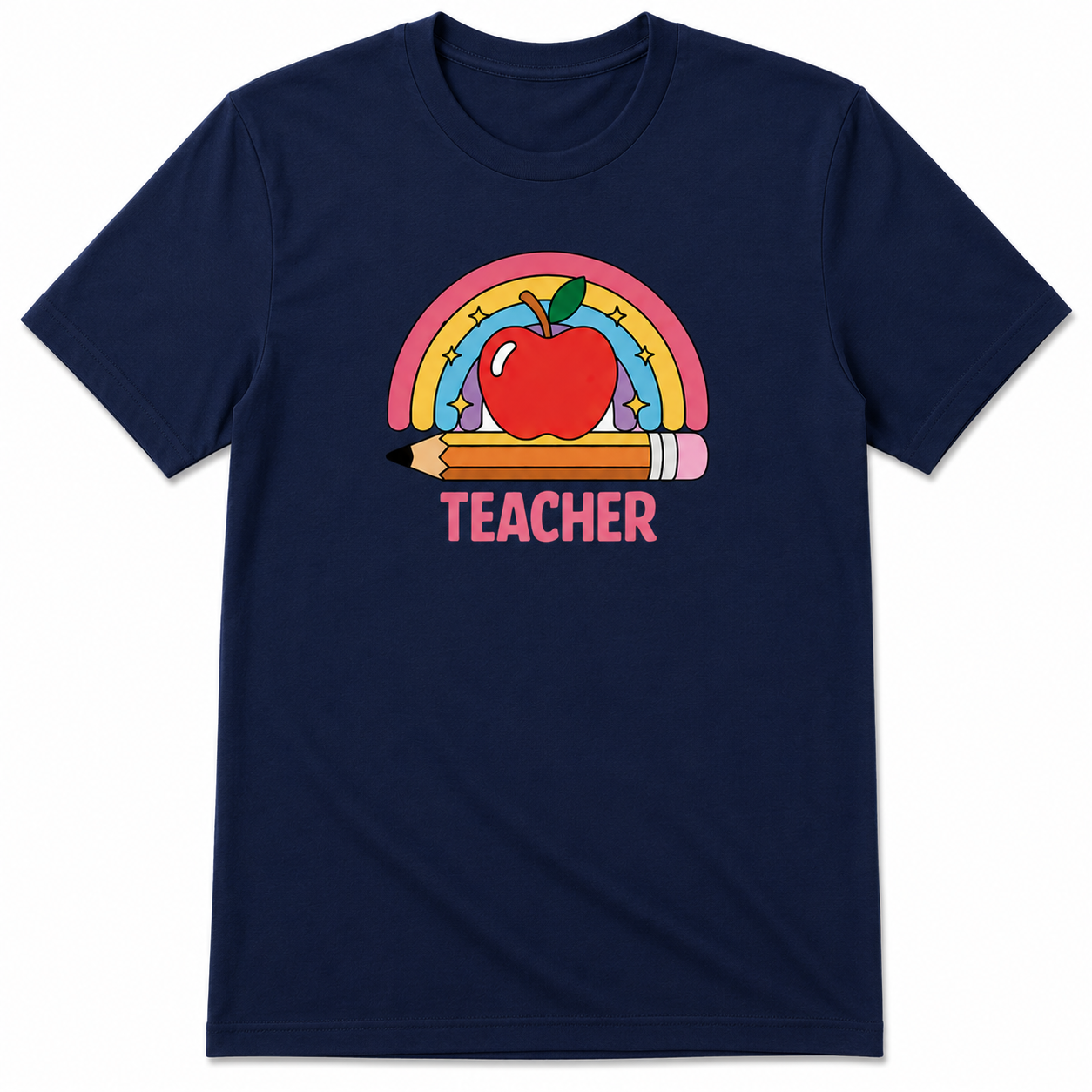 Teacher Rainbow Apple T-Shirt- Navy