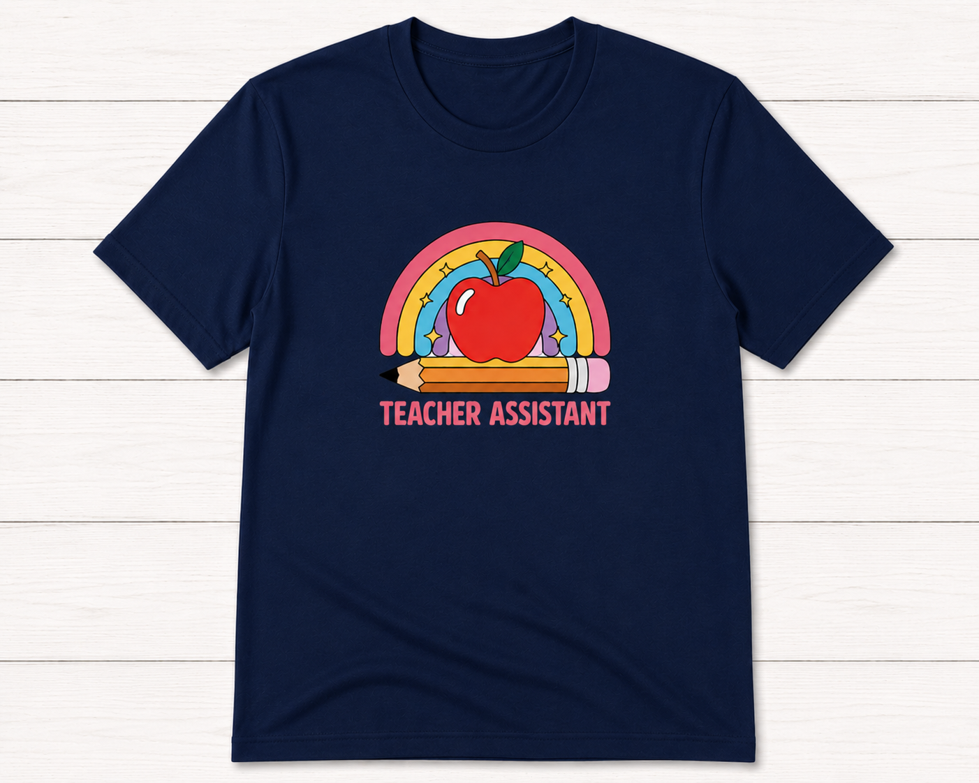 Teacher Assistant Rainbow Apple T-Shirt-Navy